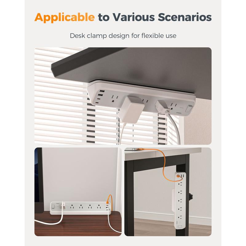 TESSAN 1250W Desk Clamp Power Strip 10 Ft, 2100J Surge Protector, 5 Outlets with 2 USB C 2 USB A, Flat Plug Extension Cord with Multiple Outlets