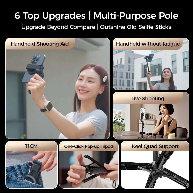 2025 New 4-In-1 Multifunctional Magnetic Mini Selfie Stick with 360 ° Rotation Compact Stylish Wireless Bt Control Magnetic Phone Holder for Selfies Video Recording Vlogging Compatible with Most Phones - Stabilizer Camera,Maxinum Extend to 16 Inches