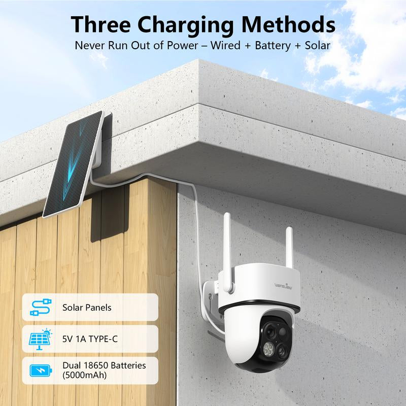 Wansview 2.4Ghz Wifi Wireless Outdoor Solar Camera,Dual Lens & 3.6Mm Wide-Angle & 64X Digital Zoom,360°Ptz, Solar Panel/Battery Powered, PIR Detection, 2K Color Night Vision, Sd/Cloud Storage (Optional), Works with Alexa