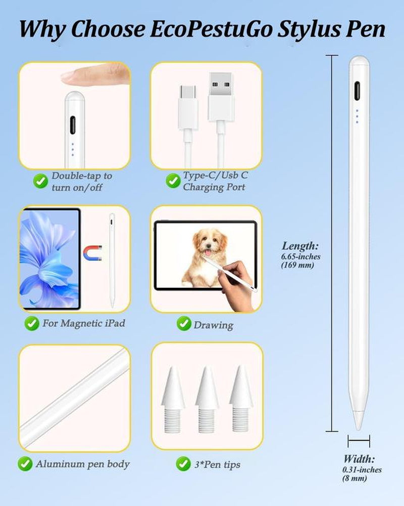 Stylus Pen for Ipad,Fast Charge,With Palm Rejection Tilt Sensitivity, Active Touch Screen Pencil Compatible with Ipad 6/7/8/9/10,Pro12.9&11",Air3/4/5,Mini5/6