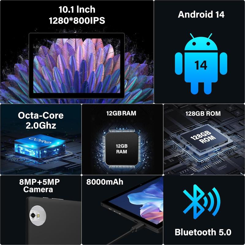 POWMUS Tablet 10 Inch Newest Android Tablet 14 with Keyboard Mouse, Case, Stylus, 12GB RAM + 128GB ROM (TF 1TB), 5G Wifi, Quad-Core 2.0Ghz, 8000Mah, Dual Camera, 8MP+5MP, Bluetooth, Android Quad-Core 2-In-1 Tablet