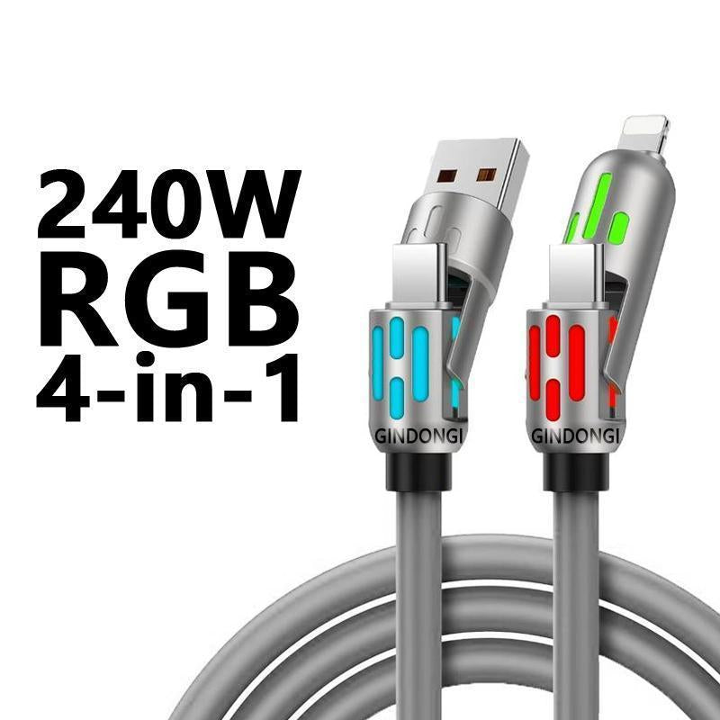 【Freeship-New】4 in 1 Multi-Function USB Charging Cable - MAX 240W Fast Charging/Charger Cable, Data Transfer with USB a + Type C, for Iphone Ipad, Samsung Galaxy Macbook Ipad Tablet, Smartphone Cellphone Device Durable Lightning Electronic