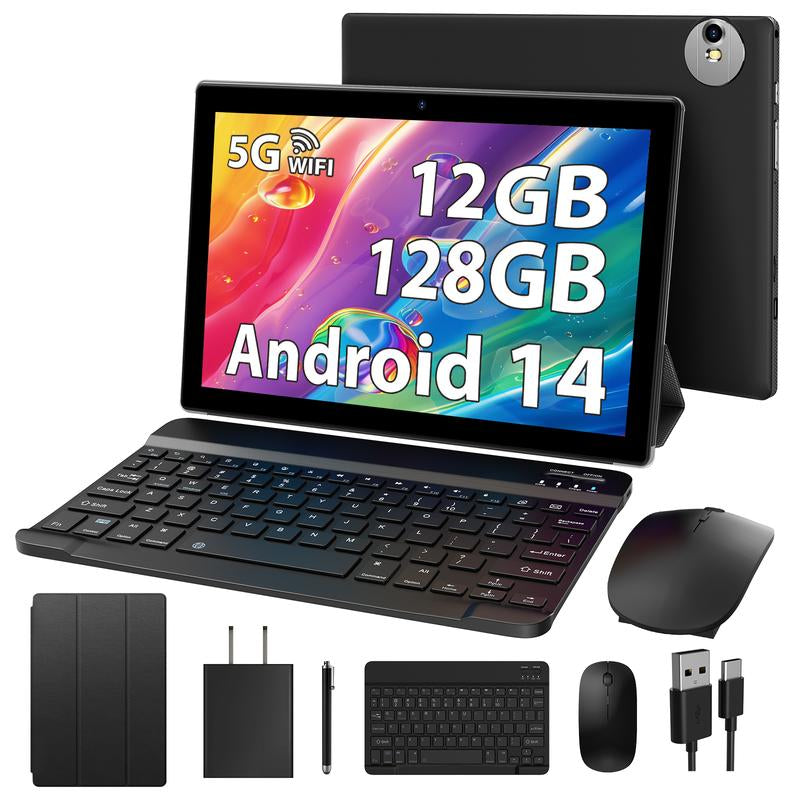POWMUS Tablet 10 Inch Newest Android Tablet 14 with Keyboard Mouse, Case, Stylus, 12GB RAM + 128GB ROM (TF 1TB), 5G Wifi, Quad-Core 2.0Ghz, 8000Mah, Dual Camera, 8MP+5MP, Bluetooth, Android Quad-Core 2-In-1 Tablet