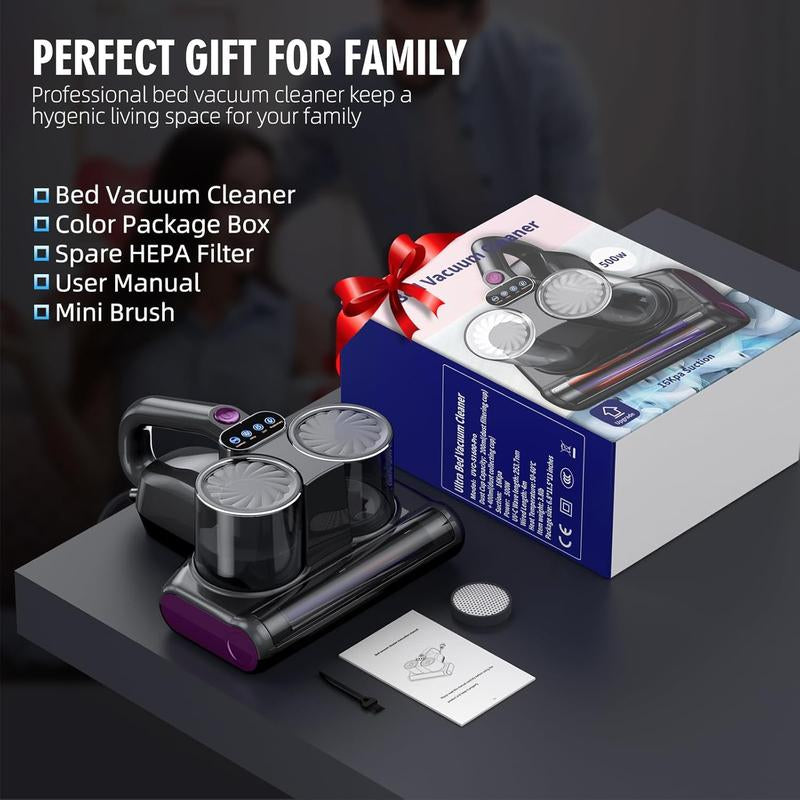 JPHYLL Mattress Mite Remover Vacuum Cleaner - 6 in 1 Lightweight Handheld with LED Display, 16Kpa Strong Suction, 380W Powerful Brushless Motor, UV-C Light, Suitable for Pet Hair and Carpets