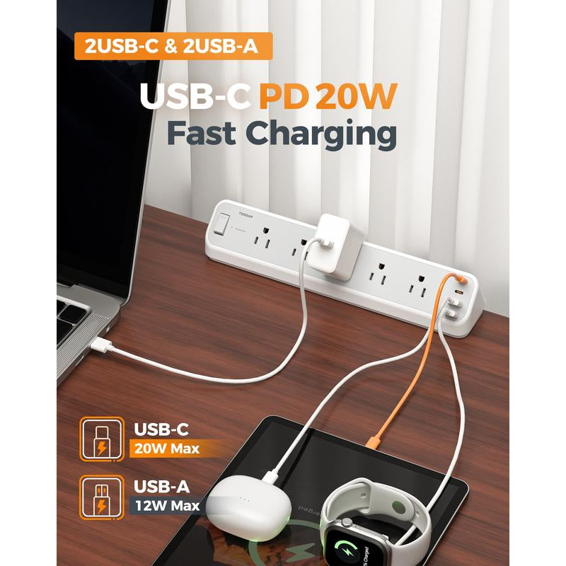 TESSAN 1250W Desk Clamp Power Strip 10 Ft, 2100J Surge Protector, 5 Outlets with 2 USB C 2 USB A, Flat Plug Extension Cord with Multiple Outlets