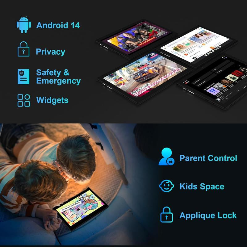 POWMUS Tablet 10 Inch Newest Android Tablet 14 with Keyboard Mouse, Case, Stylus, 12GB RAM + 128GB ROM (TF 1TB), 5G Wifi, Quad-Core 2.0Ghz, 8000Mah, Dual Camera, 8MP+5MP, Bluetooth, Android Quad-Core 2-In-1 Tablet