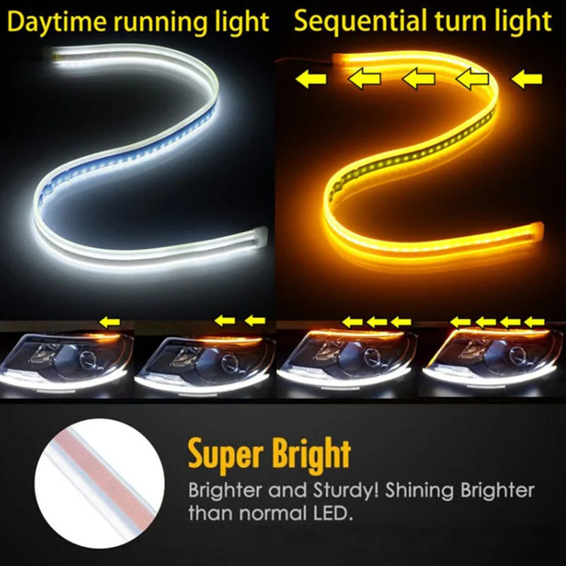 2Pcs 12V LED DRL Car Daytime Running Light Flexible Waterproof Strip Auto Headlights White Turn Signal Yellow Brake Flow Lights