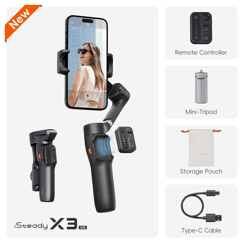 Hohem Isteady X3SE Gimbal Stabilizer for Iphone, Smartphone Foldable Gimbal with Detachable Magnetic Remote Control, Ai Tracking App Supported Portable Foldable 3-Axis Phone Gimbal for Android & Iphone 16 15 Pro Max, Ideal for Travel Vlogging