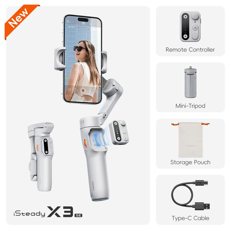 Hohem Isteady X3SE Gimbal Stabilizer for Iphone, Smartphone Foldable Gimbal with Detachable Magnetic Remote Control, Ai Tracking App Supported Portable Foldable 3-Axis Phone Gimbal for Android & Iphone 16 15 Pro Max, Ideal for Travel Vlogging
