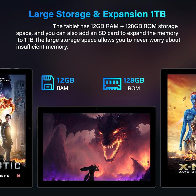 POWMUS Tablet 10 Inch Newest Android Tablet 14 with Keyboard Mouse, Case, Stylus, 12GB RAM + 128GB ROM (TF 1TB), 5G Wifi, Quad-Core 2.0Ghz, 8000Mah, Dual Camera, 8MP+5MP, Bluetooth, Android Quad-Core 2-In-1 Tablet