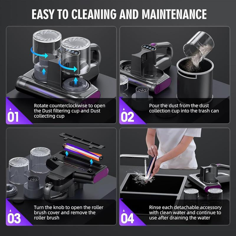 JPHYLL Mattress Mite Remover Vacuum Cleaner - 6 in 1 Lightweight Handheld with LED Display, 16Kpa Strong Suction, 380W Powerful Brushless Motor, UV-C Light, Suitable for Pet Hair and Carpets