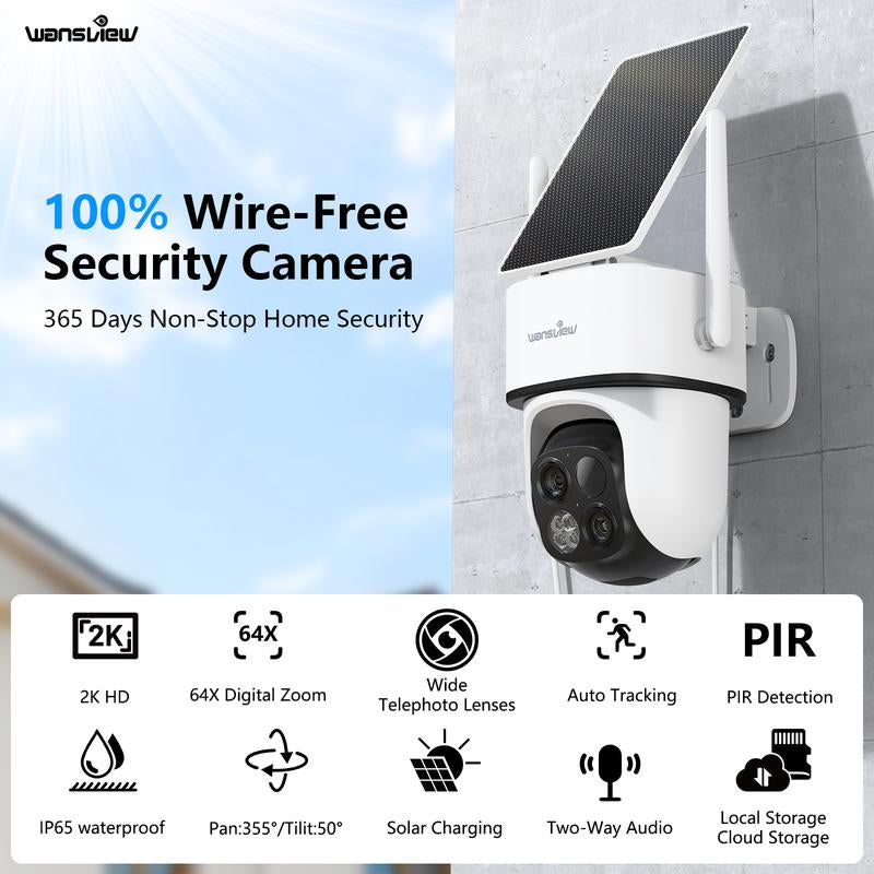 Wansview 2.4Ghz Wifi Wireless Outdoor Solar Camera,Dual Lens & 3.6Mm Wide-Angle & 64X Digital Zoom,360°Ptz, Solar Panel/Battery Powered, PIR Detection, 2K Color Night Vision, Sd/Cloud Storage (Optional), Works with Alexa