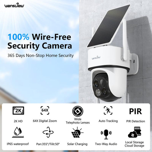 Wansview 2.4Ghz Wifi Wireless Outdoor Solar Camera,Dual Lens & 3.6Mm Wide-Angle & 64X Digital Zoom,360°Ptz, Solar Panel/Battery Powered, PIR Detection, 2K Color Night Vision, Sd/Cloud Storage (Optional), Works with Alexa