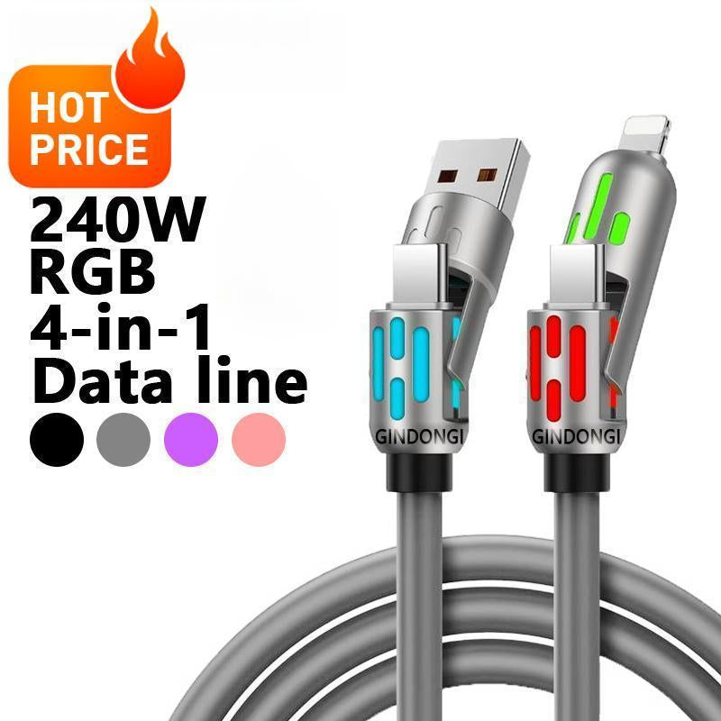 【Freeship-New】4 in 1 Multi-Function USB Charging Cable - MAX 240W Fast Charging/Charger Cable, Data Transfer with USB a + Type C, for Iphone Ipad, Samsung Galaxy Macbook Ipad Tablet, Smartphone Cellphone Device Durable Lightning Electronic