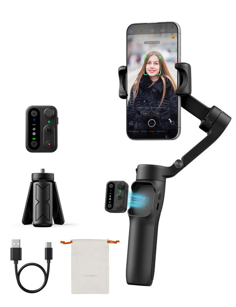 Hohem Isteady X3SE Gimbal Stabilizer for Iphone, Smartphone Foldable Gimbal with Detachable Magnetic Remote Control, Ai Tracking App Supported Portable Foldable 3-Axis Phone Gimbal for Android & Iphone 16 15 Pro Max, Ideal for Travel Vlogging