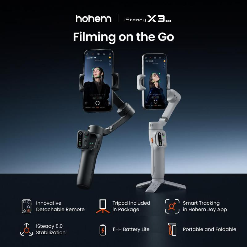 Hohem Isteady X3SE Gimbal Stabilizer for Iphone, Smartphone Foldable Gimbal with Detachable Magnetic Remote Control, Ai Tracking App Supported Portable Foldable 3-Axis Phone Gimbal for Android & Iphone 16 15 Pro Max, Ideal for Travel Vlogging