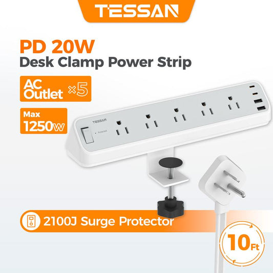 TESSAN 1250W Desk Clamp Power Strip 10 Ft, 2100J Surge Protector, 5 Outlets with 2 USB C 2 USB A, Flat Plug Extension Cord with Multiple Outlets