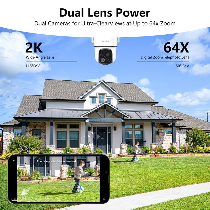 Wansview 2.4Ghz Wifi Wireless Outdoor Solar Camera,Dual Lens & 3.6Mm Wide-Angle & 64X Digital Zoom,360°Ptz, Solar Panel/Battery Powered, PIR Detection, 2K Color Night Vision, Sd/Cloud Storage (Optional), Works with Alexa