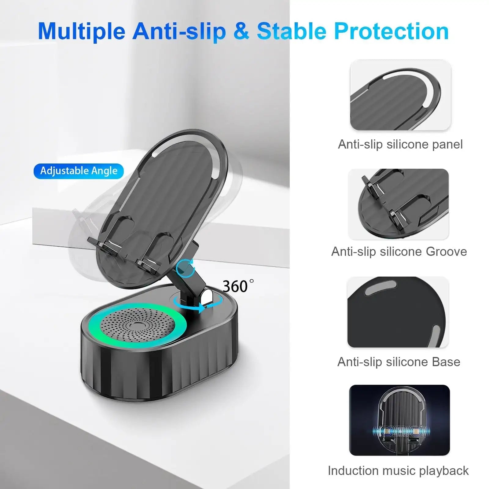 5 In1 Wireless Induction Bluetooth Speaker Phone Stand Cellphone Charger Power Bank Atmosphere Light Tablet Holder Bracket Black