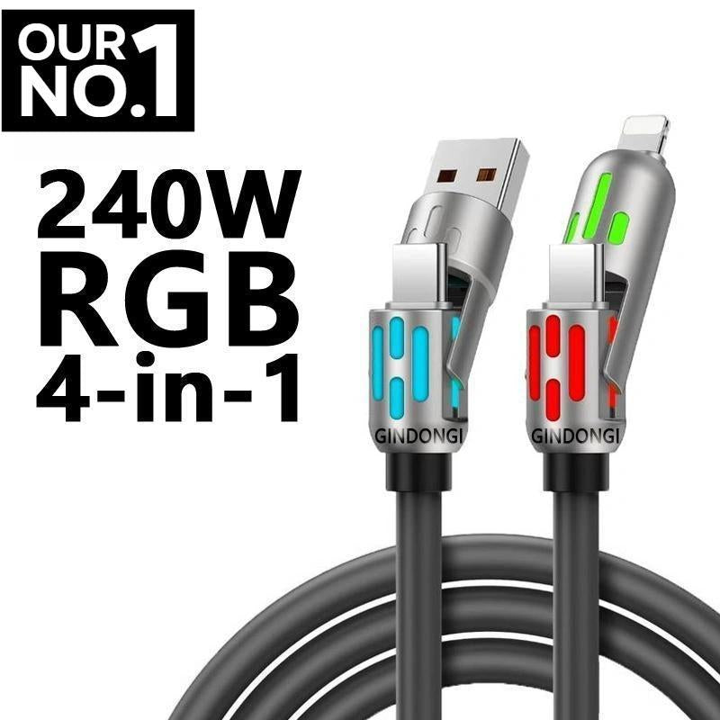 【Freeship-New】4 in 1 Multi-Function USB Charging Cable - MAX 240W Fast Charging/Charger Cable, Data Transfer with USB a + Type C, for Iphone Ipad, Samsung Galaxy Macbook Ipad Tablet, Smartphone Cellphone Device Durable Lightning Electronic